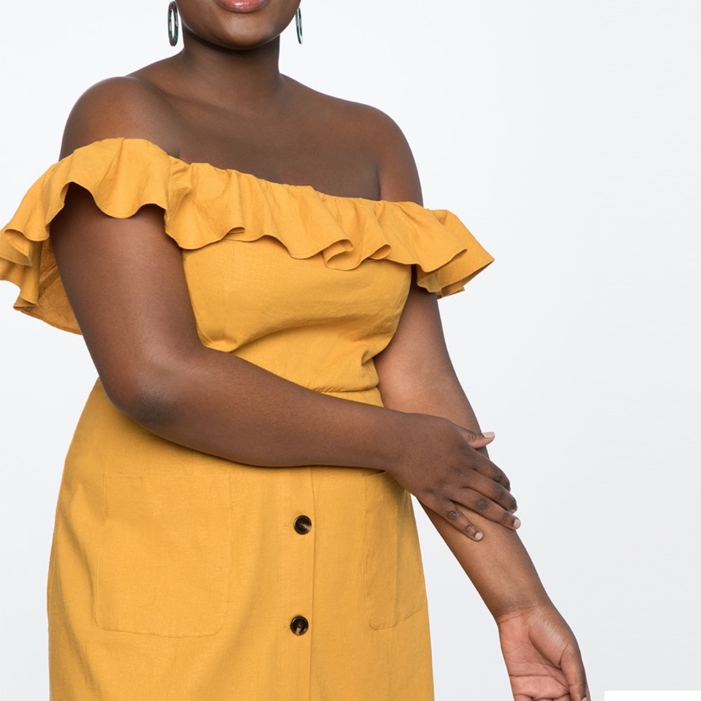 Eloquii Mustard Off The Shoulder Ruffle Dress - Picture 3 of 12
